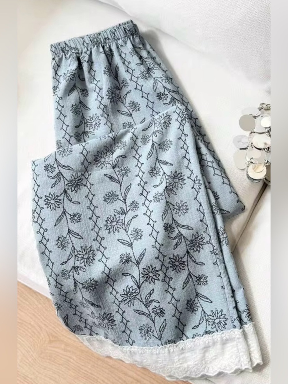 Unbranded Lace Trim Blue Patterned Wide Leg Pants Size L